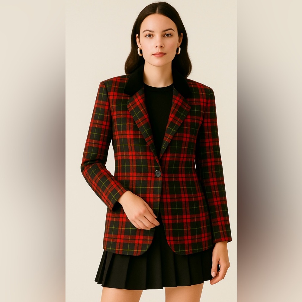 Vintage Talbots Plaid Wool Blazer Velvet Collar Academia Holiday‎ Preppy Classic